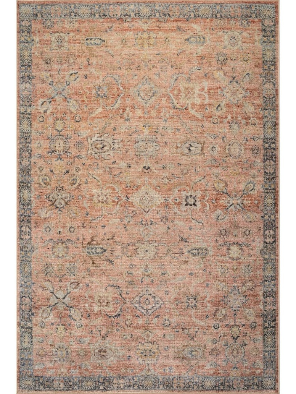 Vintage-Style Coral Area Rug with Blue Border